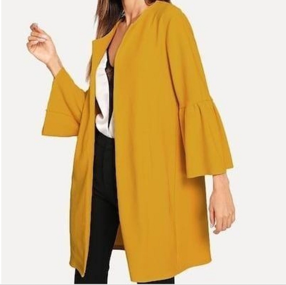 Womens Small Mustard Yellow Open Front Knit Cardigan Sweater with Ribbed Texture